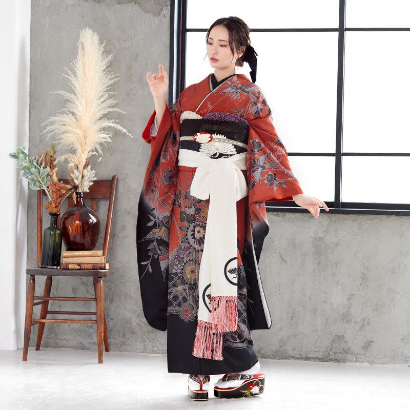 振袖レンタル  朱赤×黒 四季花鳥苑(絹) 成人式 結婚式 モデル着用小物セット 対応身長154〜165cm 2〜11月利用 R874の画像