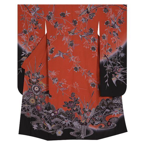 振袖レンタル  朱赤×黒 四季花鳥苑(絹) 成人式 結婚式 モデル着用小物セット 対応身長154〜165cm 2〜11月利用 R874の画像