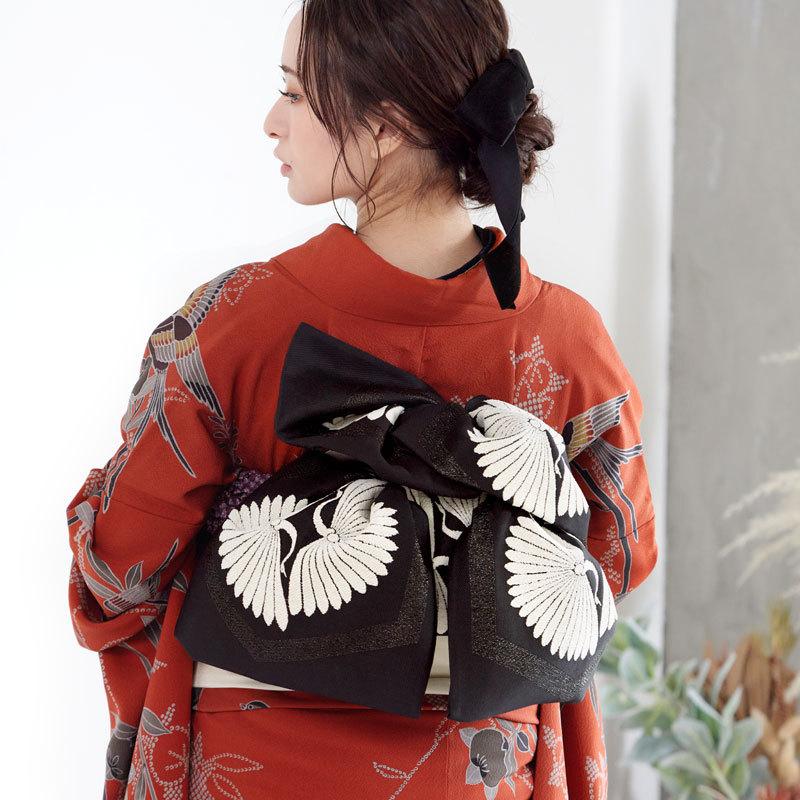 振袖レンタル  朱赤×黒 四季花鳥苑(絹) 成人式 結婚式 モデル着用小物セット 対応身長154〜165cm 2〜11月利用 R874の画像