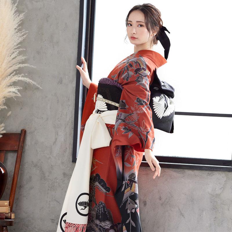振袖レンタル  朱赤×黒 四季花鳥苑(絹) 成人式 結婚式 モデル着用小物セット 対応身長154〜165cm 2〜11月利用 R874の画像