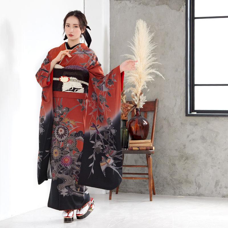 振袖レンタル  朱赤×黒 四季花鳥苑(絹) 成人式 結婚式 モデル着用小物セット 対応身長154〜165cm 2〜11月利用 R874の画像