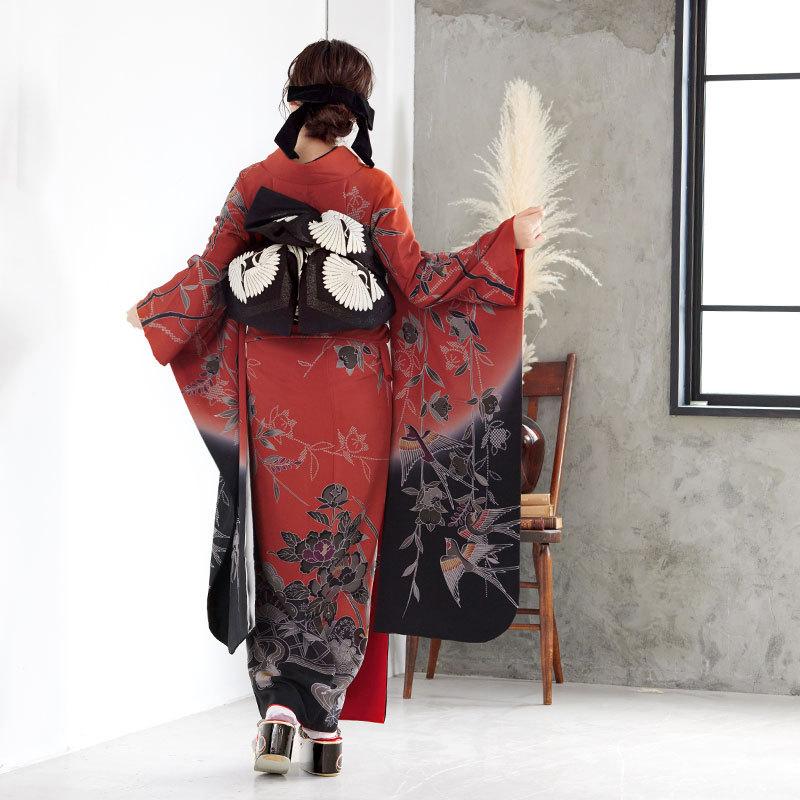 振袖レンタル  朱赤×黒 四季花鳥苑(絹) 成人式 結婚式 モデル着用小物セット 対応身長154〜165cm 2〜11月利用 R874の画像