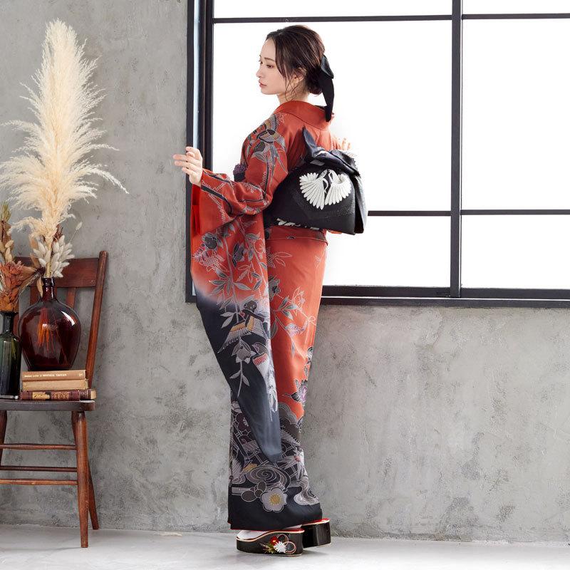 振袖レンタル  朱赤×黒 四季花鳥苑(絹) 成人式 結婚式 モデル着用小物セット 対応身長154〜165cm 2〜11月利用 R874の画像