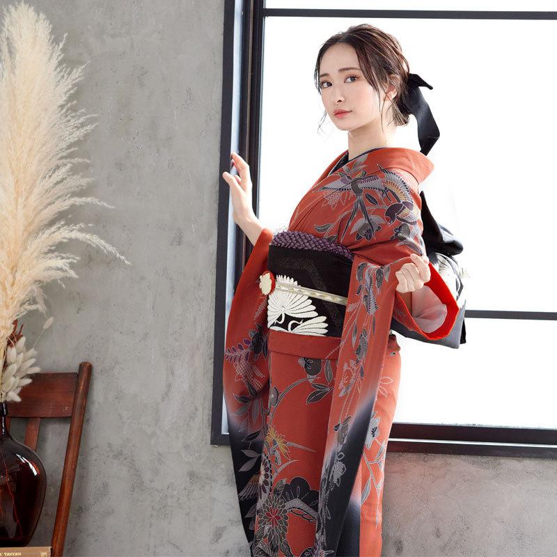 振袖レンタル  朱赤×黒 四季花鳥苑(絹) 成人式 結婚式 モデル着用小物セット 対応身長154〜165cm 2〜11月利用 R874の画像