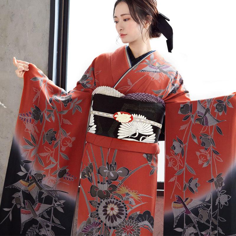 振袖レンタル  朱赤×黒 四季花鳥苑(絹) 成人式 結婚式 モデル着用小物セット 対応身長154〜165cm 2〜11月利用 R874の画像