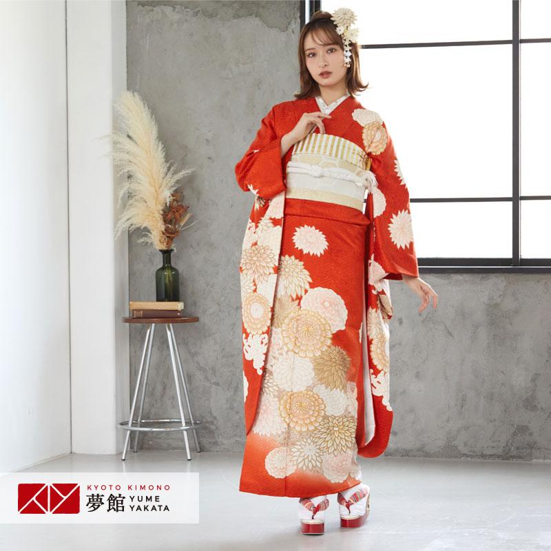 振袖レンタル 朱色 絢爛菊華(絹) 成人式 結婚式 一点物 対応身長155 