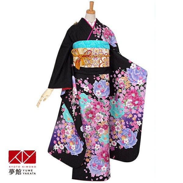 振袖レンタル 黒 桜と青い薔薇(絹) 成人式 結婚式 一点物 対応身長154〜165cm 2〜11月利用 R920