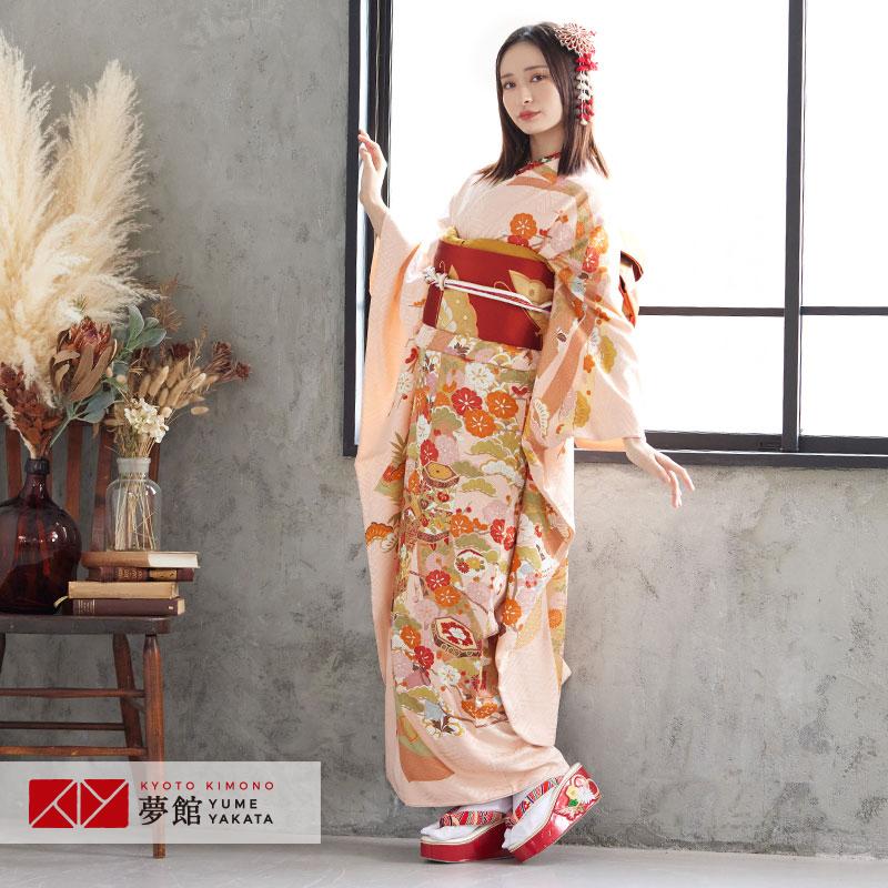 ブランド登録なし - 振袖賃借  サクラ色 吉祥熨斗目に貝桶(絹) 成年者式 御芽出度 一点物 相応う身の長154〜165珊 2〜11月利用 R930 レンタル-着物、浴衣