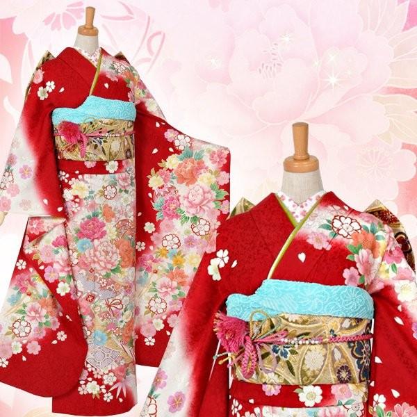 振袖レンタル  赤白 熨斗に花かんざし(絹) 成人式 結婚式 一点物 対応身長154〜165cm 2〜11月利用 R997の画像