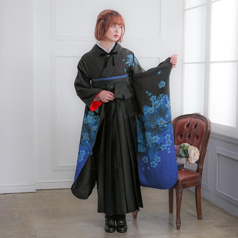 卒業式 袴セット 160cm ブルー×黒袴 卒業式 袴セット 黒ブルー 桜(絹) レンタル 大学生 振袖袴 RR1068