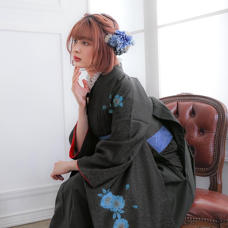 卒業式 袴セット 黒ブルー 桜(絹) レンタル 大学生 振袖袴 RR1068