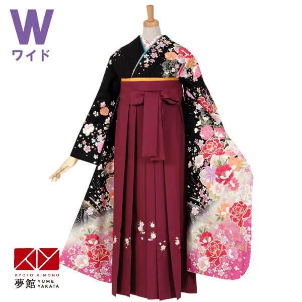 卒業式 袴 レンタル 女 袴セット 正絹 振袖 着物＆袴 フルセットレンタル  安い 「黒地に紫 ピンクぼかし 花 桜」 定価23600円セール開催中！卒業式 袴セット 黒 牡丹と桜（ピンクぼかし