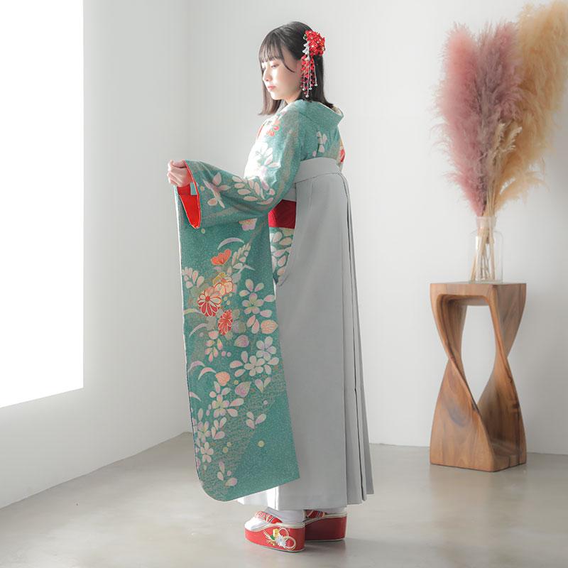 卒業式 袴セット 青緑 椿に菊梅文様(絹)一点物 レンタル 大学生 振袖袴 RR1178_4