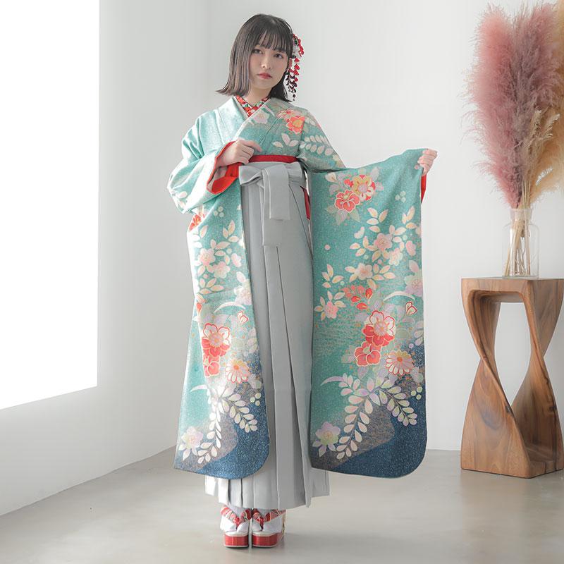 卒業式 袴セット 青緑 椿に菊梅文様(絹)一点物 レンタル 大学生 振袖袴 RR1178_8
