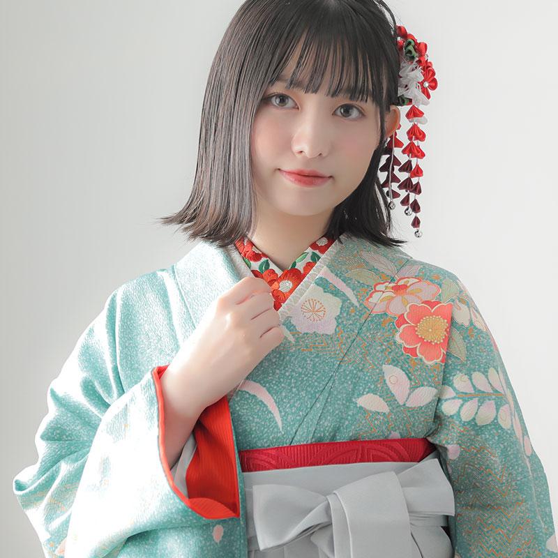 卒業式 袴セット 青緑 椿に菊梅文様(絹)一点物 レンタル 大学生 振袖袴 RR1178_9