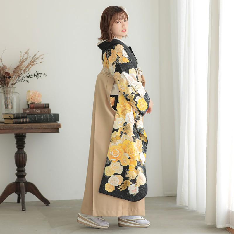 卒業式 袴セット 黒黄 薔薇(絹)(宅) レンタル 大学生 振袖袴 RR1187