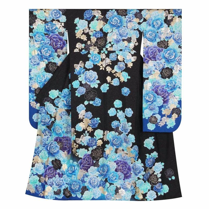卒業式 袴セット 黒青 薔薇(絹)(宅)一点物 レンタル 大学生 振袖袴 RR1189の画像