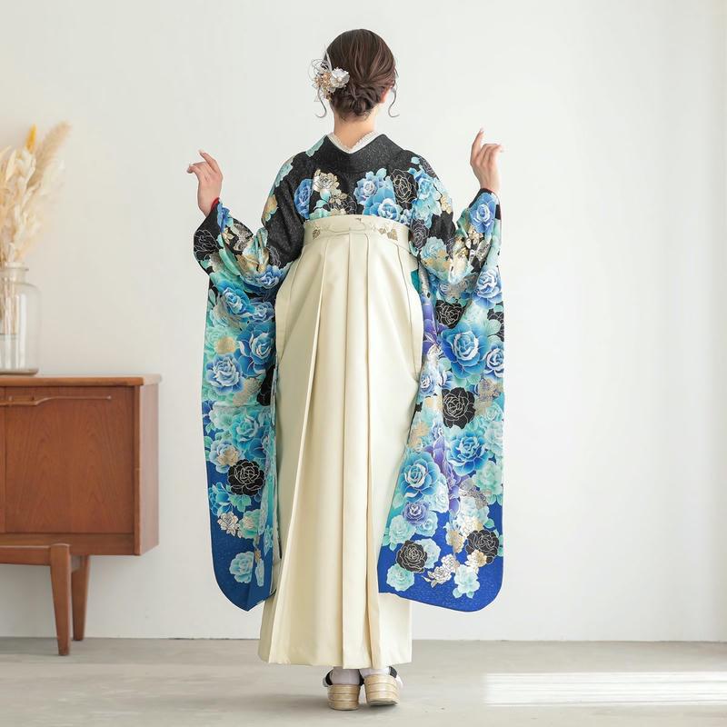 卒業式 袴セット 黒青 薔薇(絹)(宅)一点物 レンタル 大学生 振袖袴 RR1189の画像