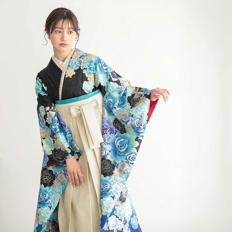 卒業式 袴セット 黒青 薔薇(絹)(宅)一点物 レンタル 大学生 振袖袴 RR1189の画像