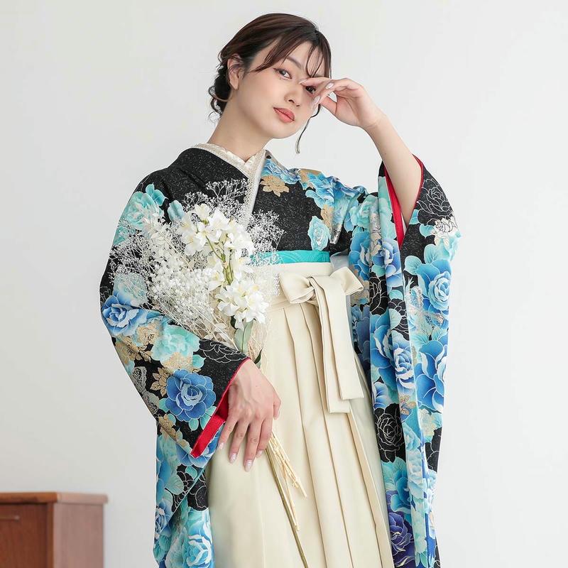 卒業式 袴セット 黒青 薔薇(絹)(宅)一点物 レンタル 大学生 振袖袴 RR1189の画像