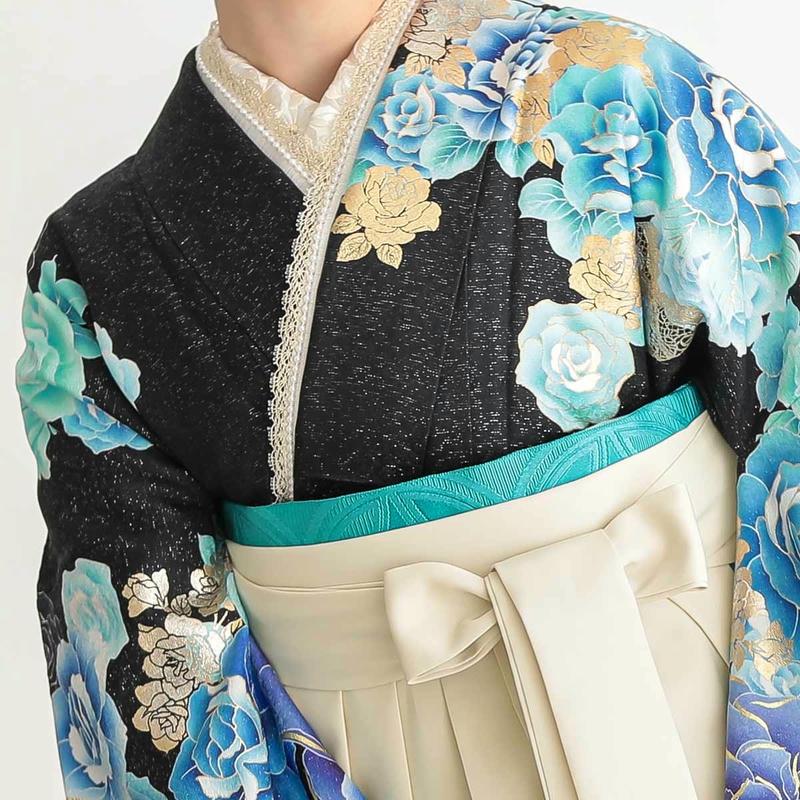 卒業式 袴セット 黒青 薔薇(絹)(宅)一点物 レンタル 大学生 振袖袴 RR1189の画像