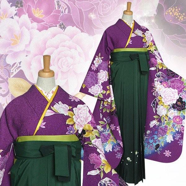 卒業式 袴セット 紫 薔薇とリボン(R1236)(絹)(宅) レンタル 大学生 