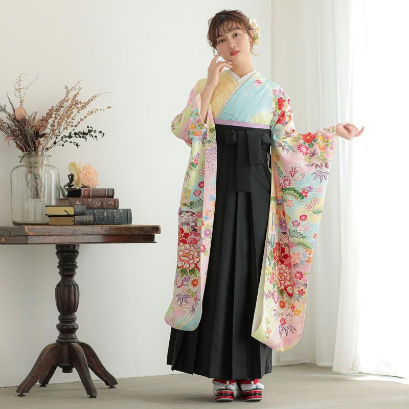 卒業式用　着物袴セット 卒業式 袴セット 黄ぼかし 吉祥貝桶に四季の花(絹)一点物 レンタル