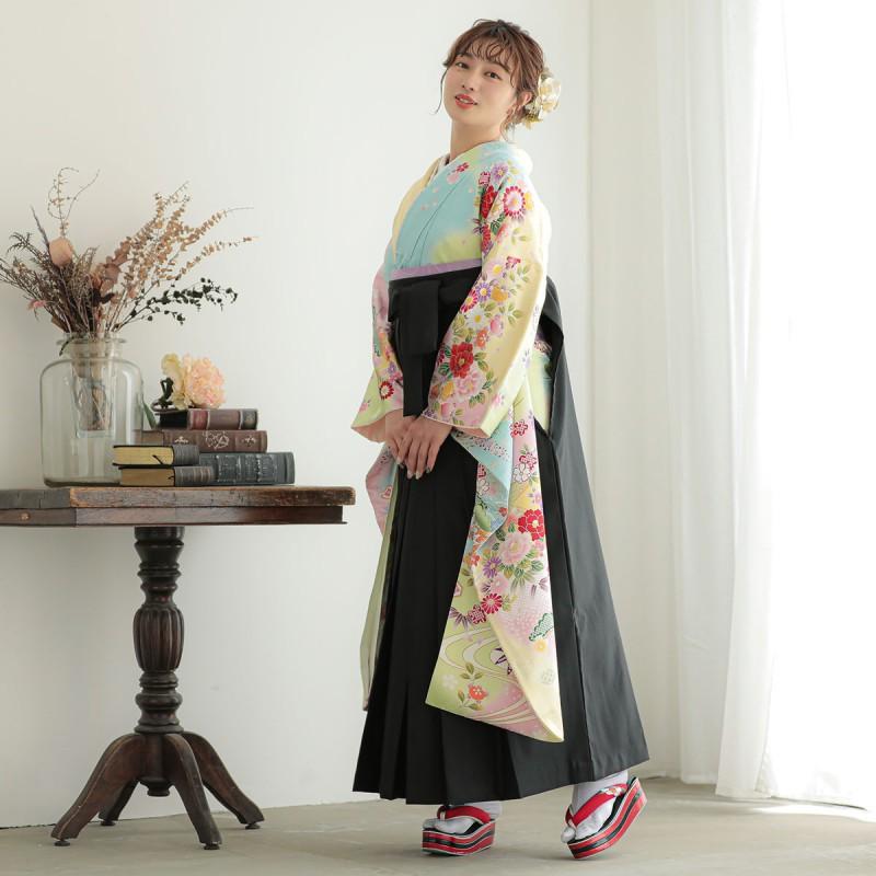 卒業式 袴セット 黄ぼかし 吉祥貝桶に四季の花(絹)一点物 レンタル