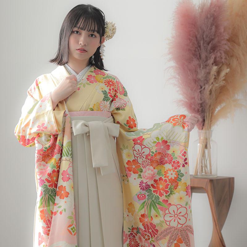卒業式 袴セット 黄 松牡丹に御所車(絹)一点物 レンタル 大学生 振袖袴 RR1423の画像