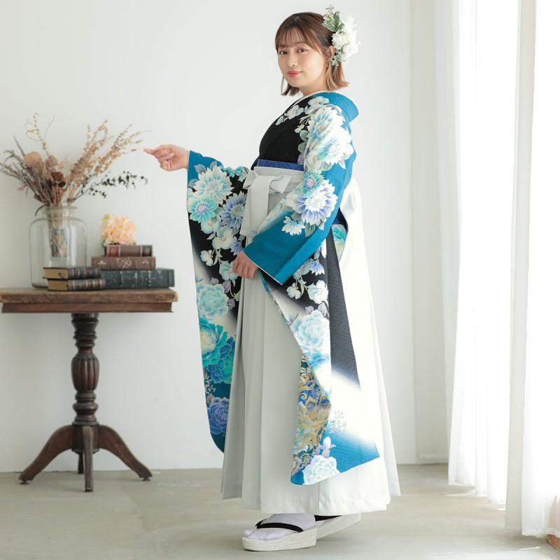 卒業式 袴セット 白×黒 青い花（絹）一点物 レンタル 大学生 振袖袴