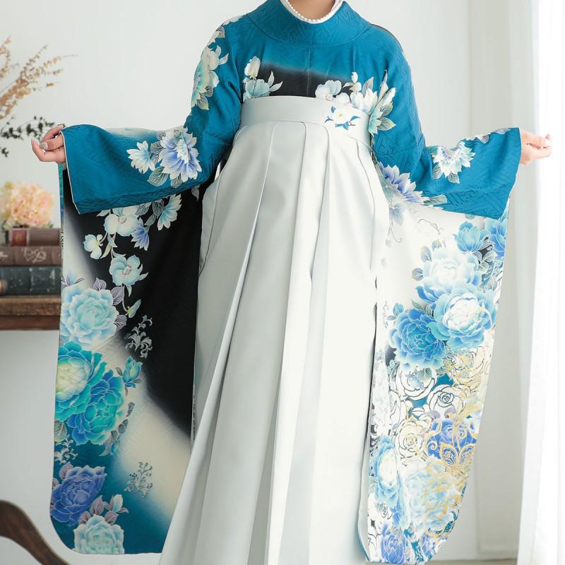 卒業式 袴セット 白×黒 青い花（絹）一点物 レンタル 大学生 振袖袴