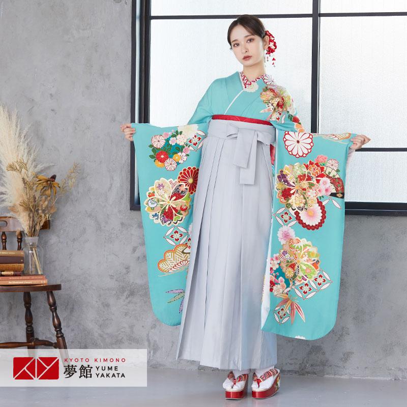 卒業式 袴セット ミントブルー 松笹に桜と菊(絹) レンタル 大学生 振袖