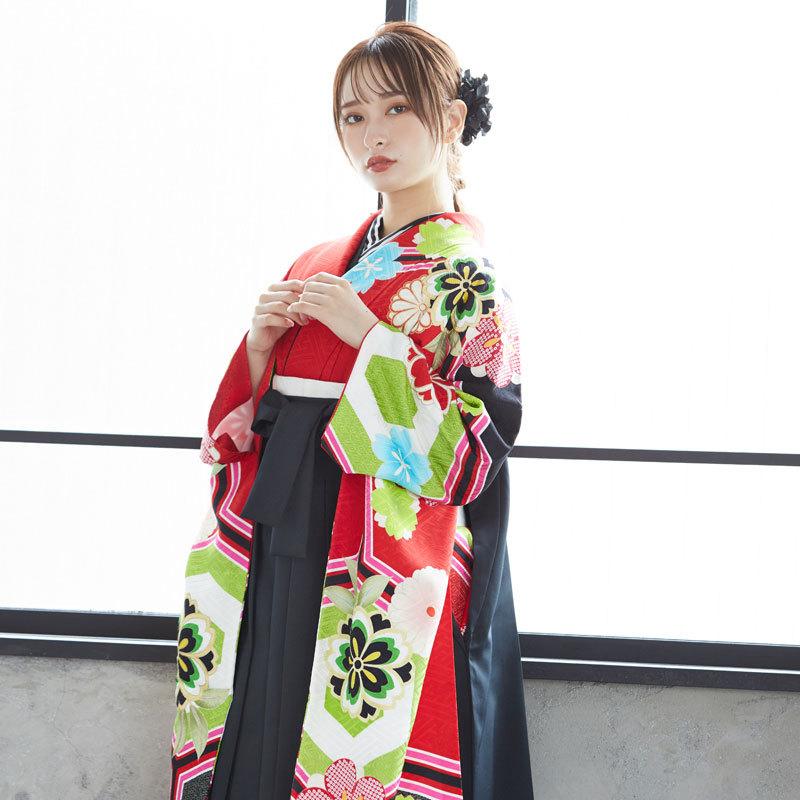 桜　振袖　着物　振袖・袴セット　卒業式　成人式 卒業式 袴セット 赤 亀甲に桜梅菊(絹)(R1774) レンタル 大学生 振袖袴