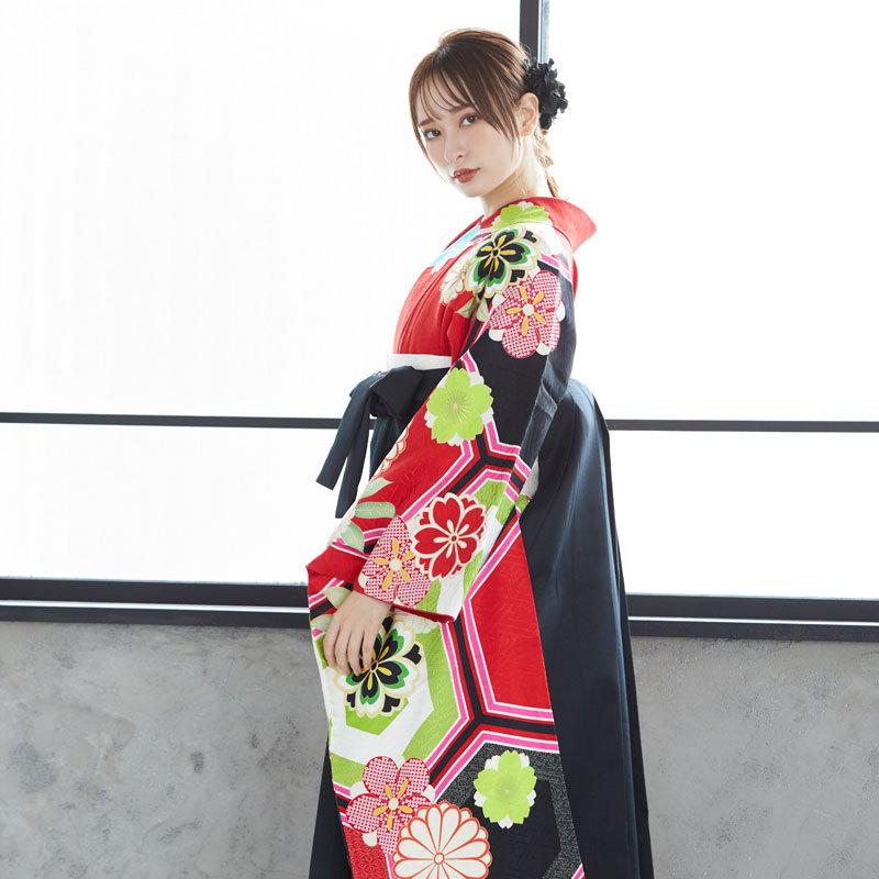 卒業式 袴セット 赤 亀甲に桜梅菊(絹)(R1774) レンタル 大学生 振袖袴