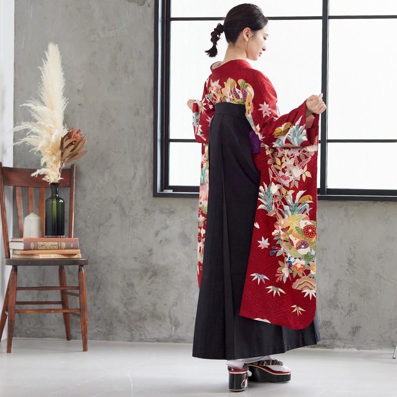 振袖★袴セット 卒業式 袴セット 赤 雲取りに花（絹）一点物 レンタル 大学生