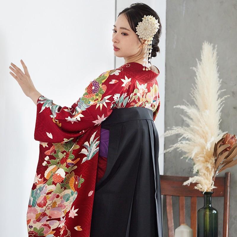 振袖★袴セット 卒業式 袴セット 赤 雲取りに花（絹）一点物 レンタル 大学生