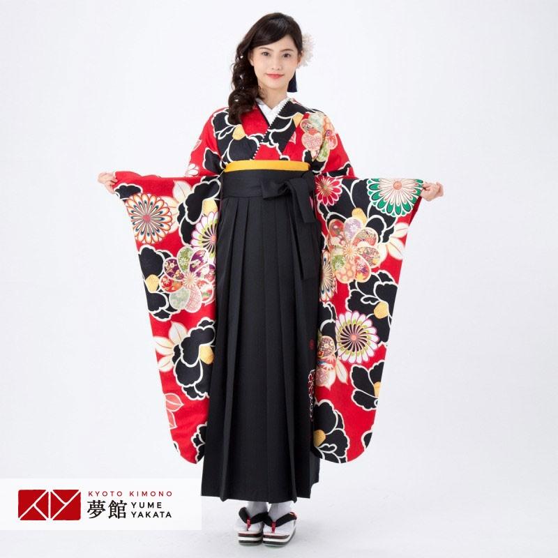 卒業式 袴セット 赤 黒椿と菊(正絹) レンタル 大学生 振袖袴 RR1810