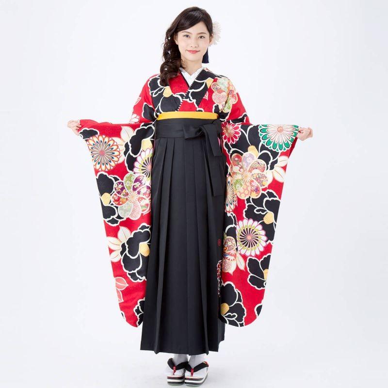 卒業式 袴セット 赤 黒椿と菊(正絹) レンタル 大学生 振袖袴 RR1810