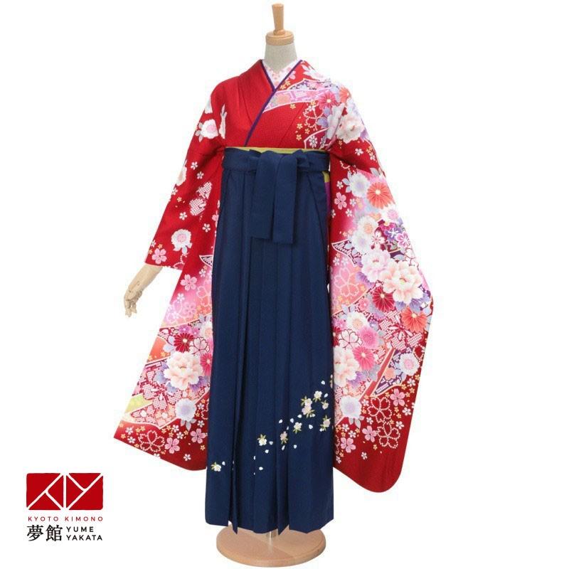卒業式 袴セット 赤 毬と花々(絹) レンタル 大学生 振袖袴 RR1836
