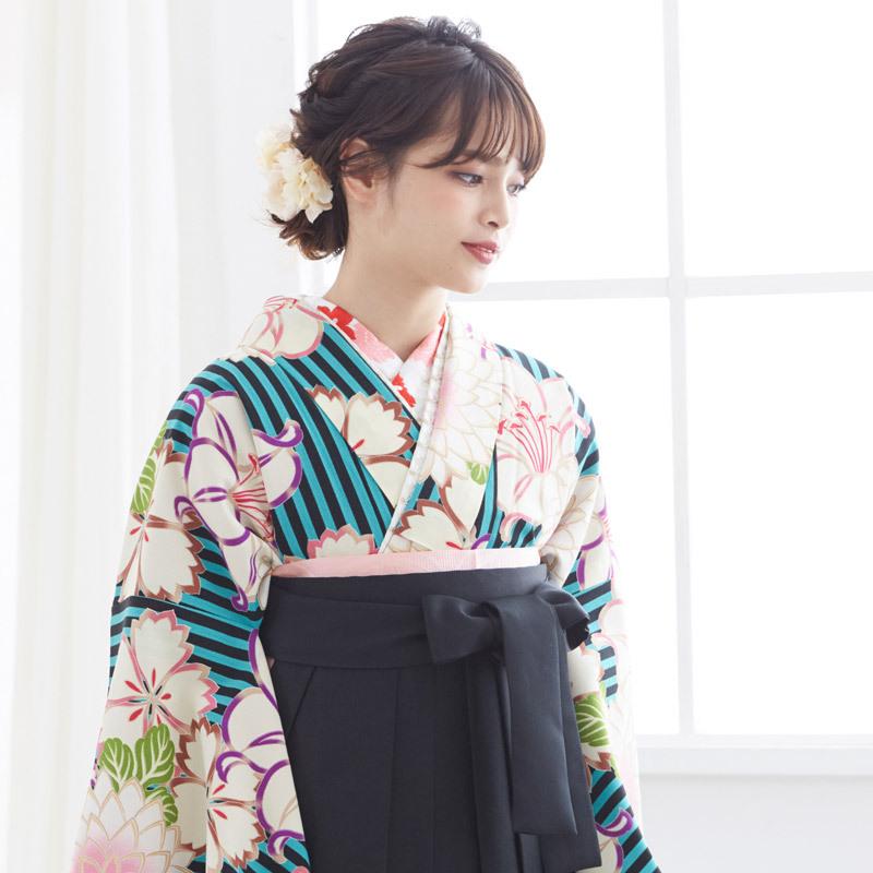 卒業袴セット 定価28300円 セール中 A3卒業式 袴セット 紅一点 黒×緑 縞に撫子