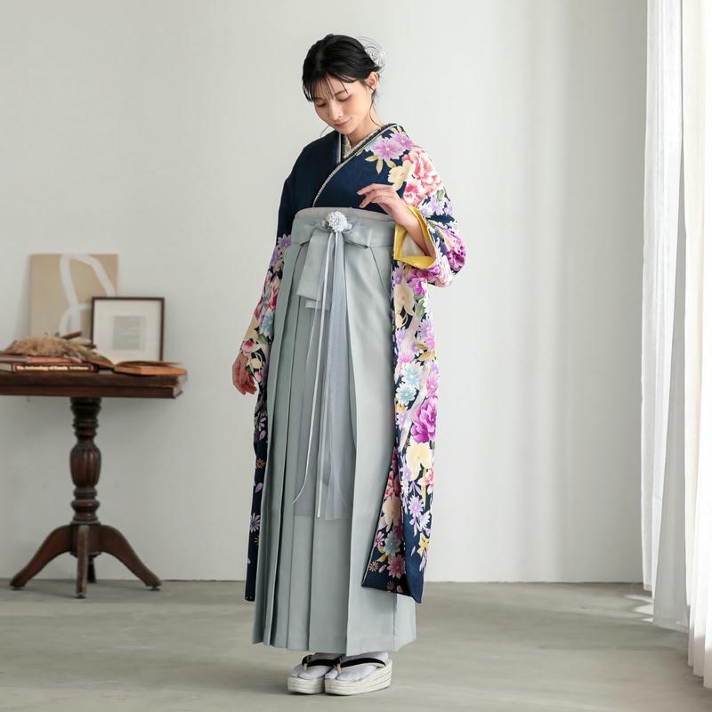 卒業式 袴セット 鉄紺 牡丹に水仙(絹)一点物 レンタル 大学生 振袖袴