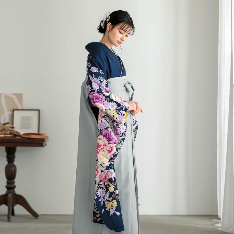 卒業式 袴セット 鉄紺 牡丹に水仙(絹)一点物 レンタル 大学生 振袖袴