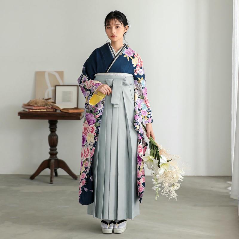 卒業式 袴セット 鉄紺 牡丹に水仙(絹)一点物 レンタル 大学生 振袖袴