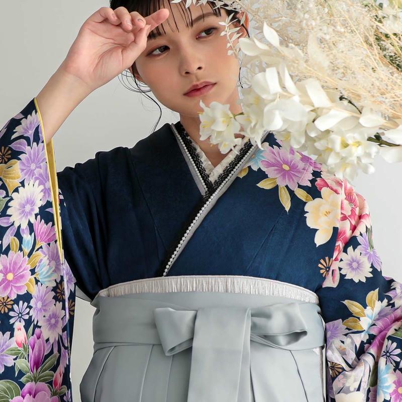 卒業式 袴セット 鉄紺 牡丹に水仙(絹)一点物 レンタル 大学生 振袖袴