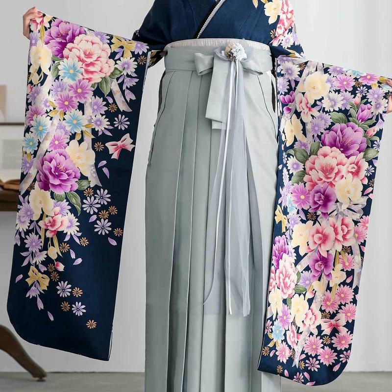 卒業式 袴セット 鉄紺 牡丹に水仙(絹)一点物 レンタル 大学生 振袖袴