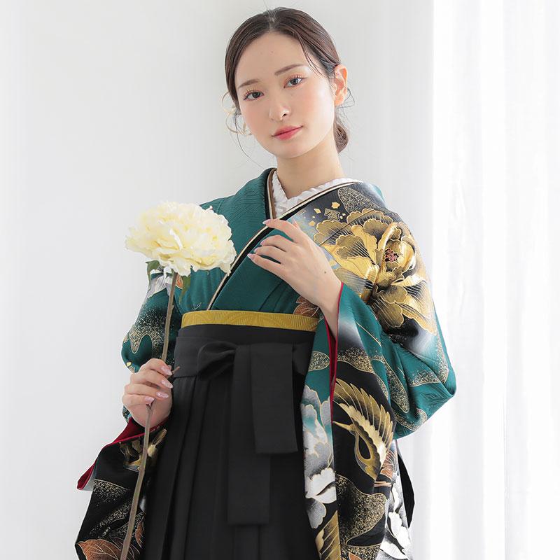 ★動作確認済み 卒業式 袴セット 桂由美 深緑 牡丹に流水と鶴 レンタル 大学生 振袖袴 RR1983 【GMS1506352270】(55000円)