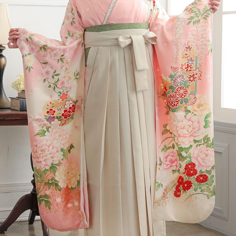 卒業式 袴セット 薄ピンク 短冊に四季花 レンタル 大学生 振袖袴 RR2003の画像