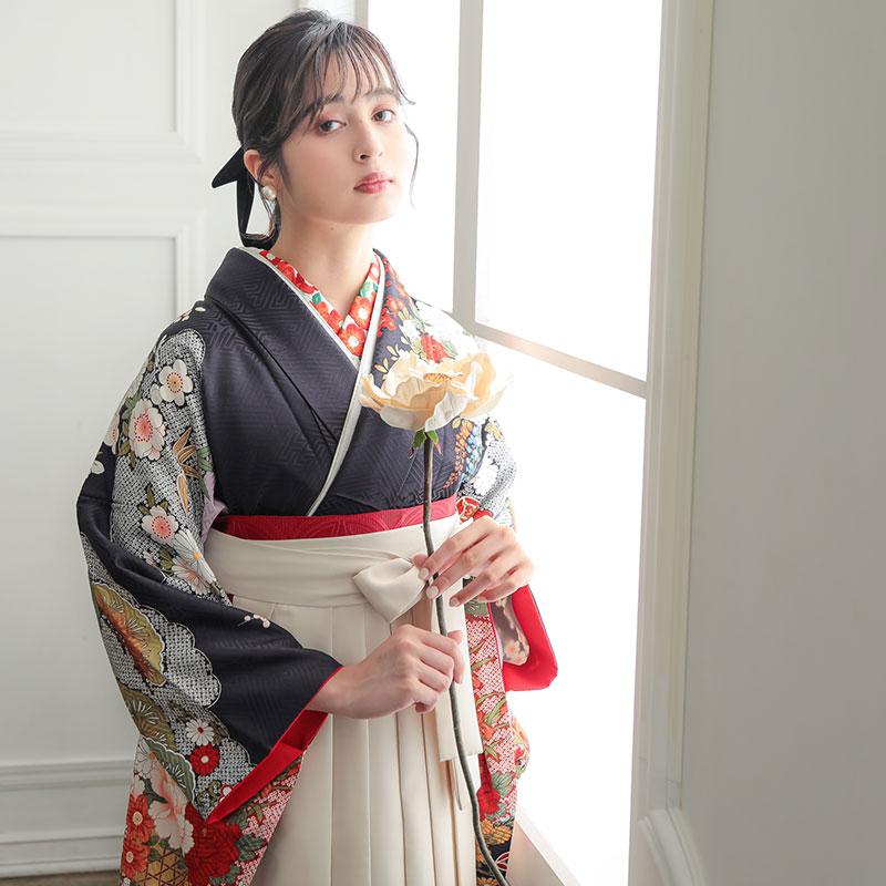 卒業式 袴セット 黒紺 花籠に霞 レンタル 大学生 振袖袴 RR2007の画像