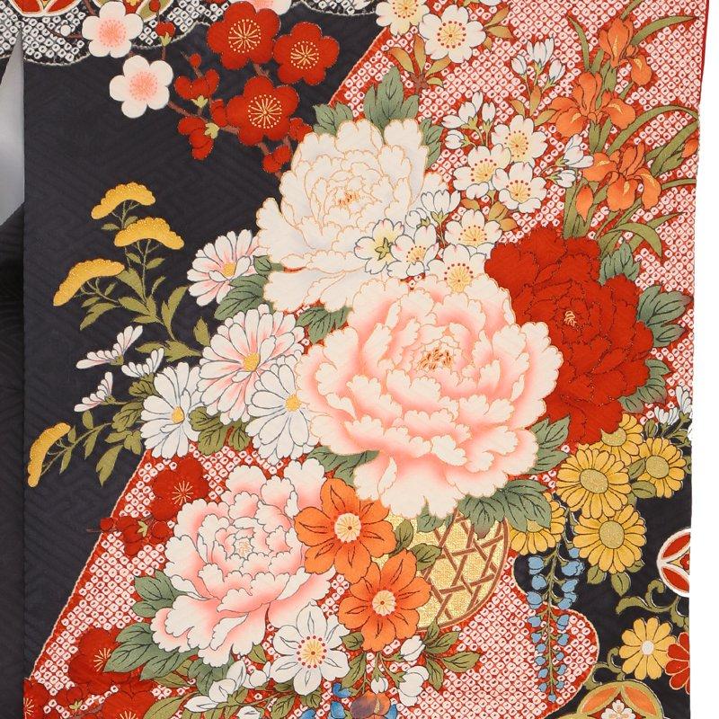 卒業式 袴セット 黒紺 花籠に霞 レンタル 大学生 振袖袴 RR2007の画像