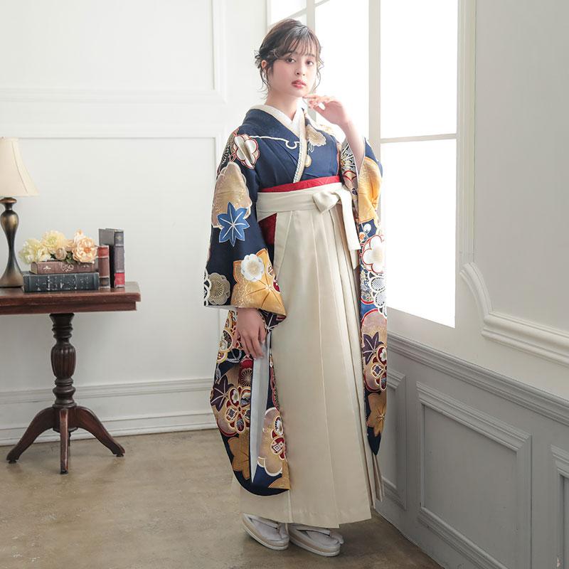 振袖★袴セット 卒業式 袴セット 友禅紺 梅に楓と手毬(R2190) レンタル 大学生 振袖袴